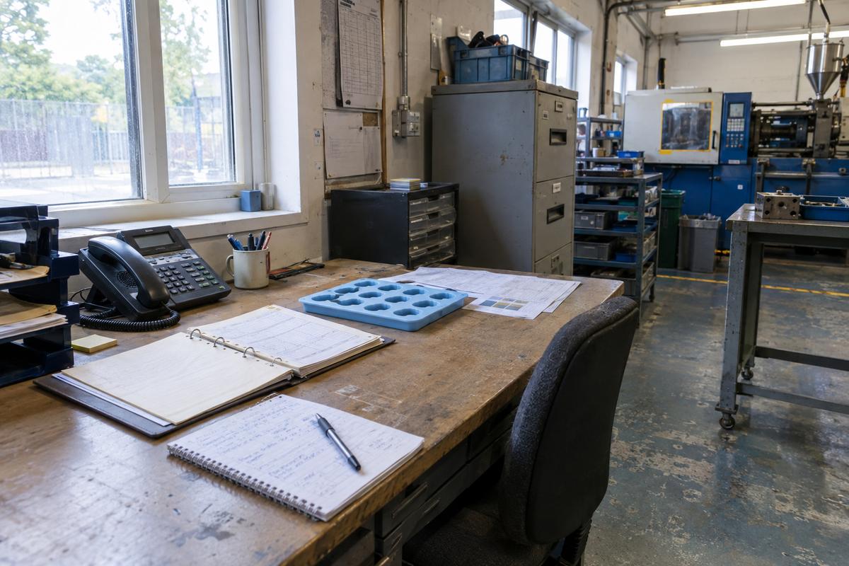 Engineer’s desk with silicone sample tray and job paperwork in workshop
