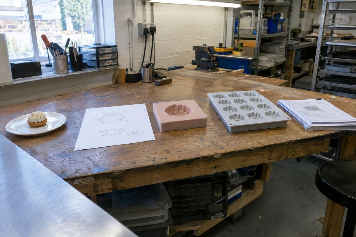 Bench showing sample, proof cavity, finished tray and paperwork