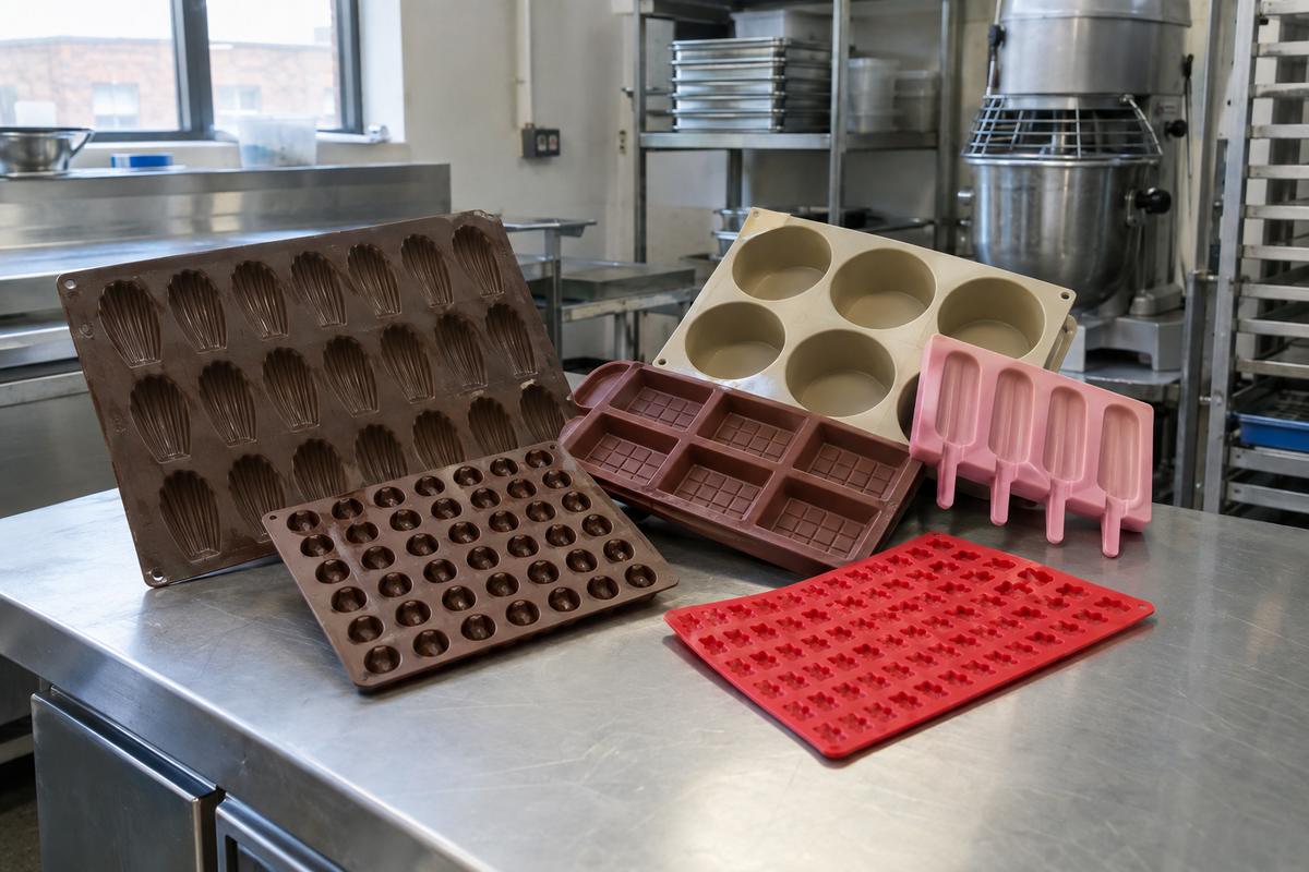 Different silicone mould types grouped in a professional kitchen prep area