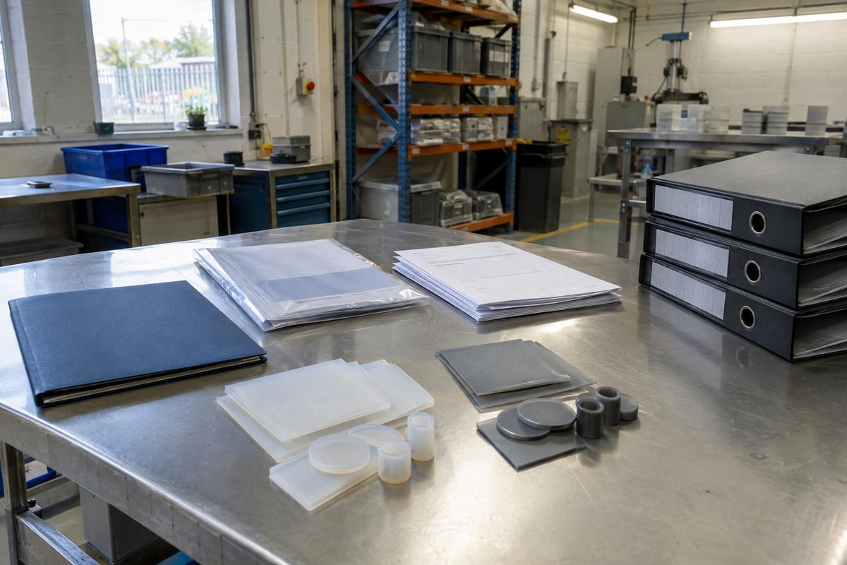 Quality table with audit paperwork and silicone material samples