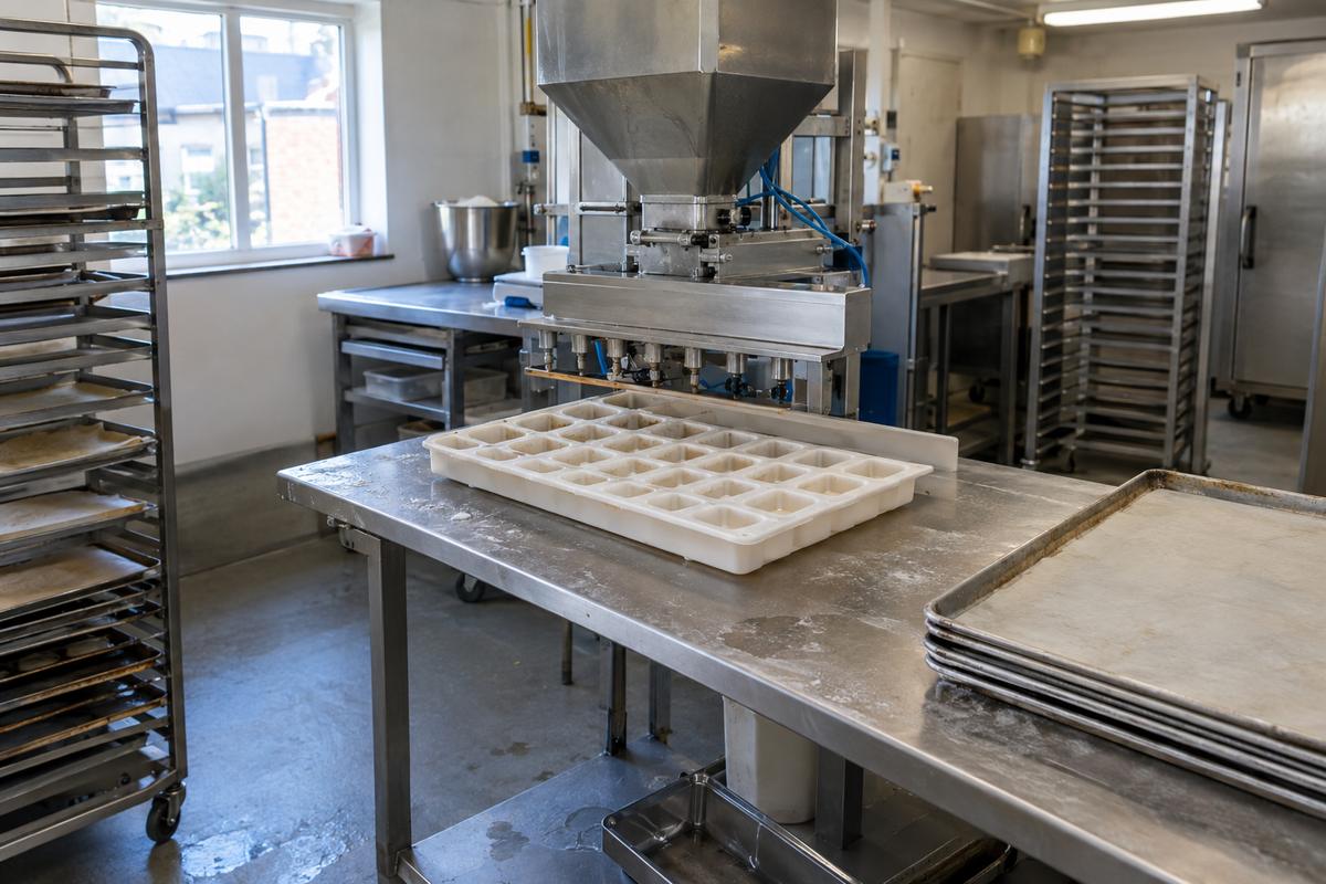 Silicone bakery tray aligned with depositor table and sheet pans
