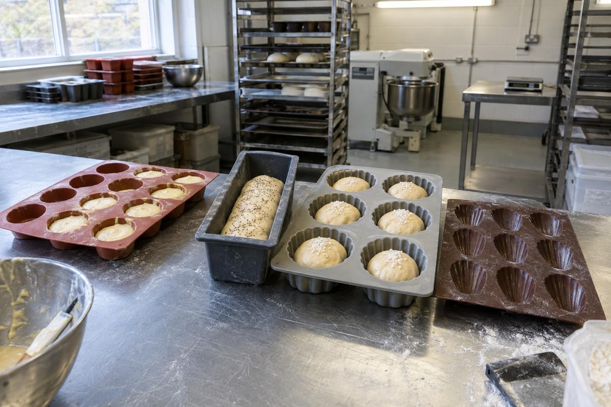 Assorted bakery silicone moulds including loaf, brioche and madeleine trays