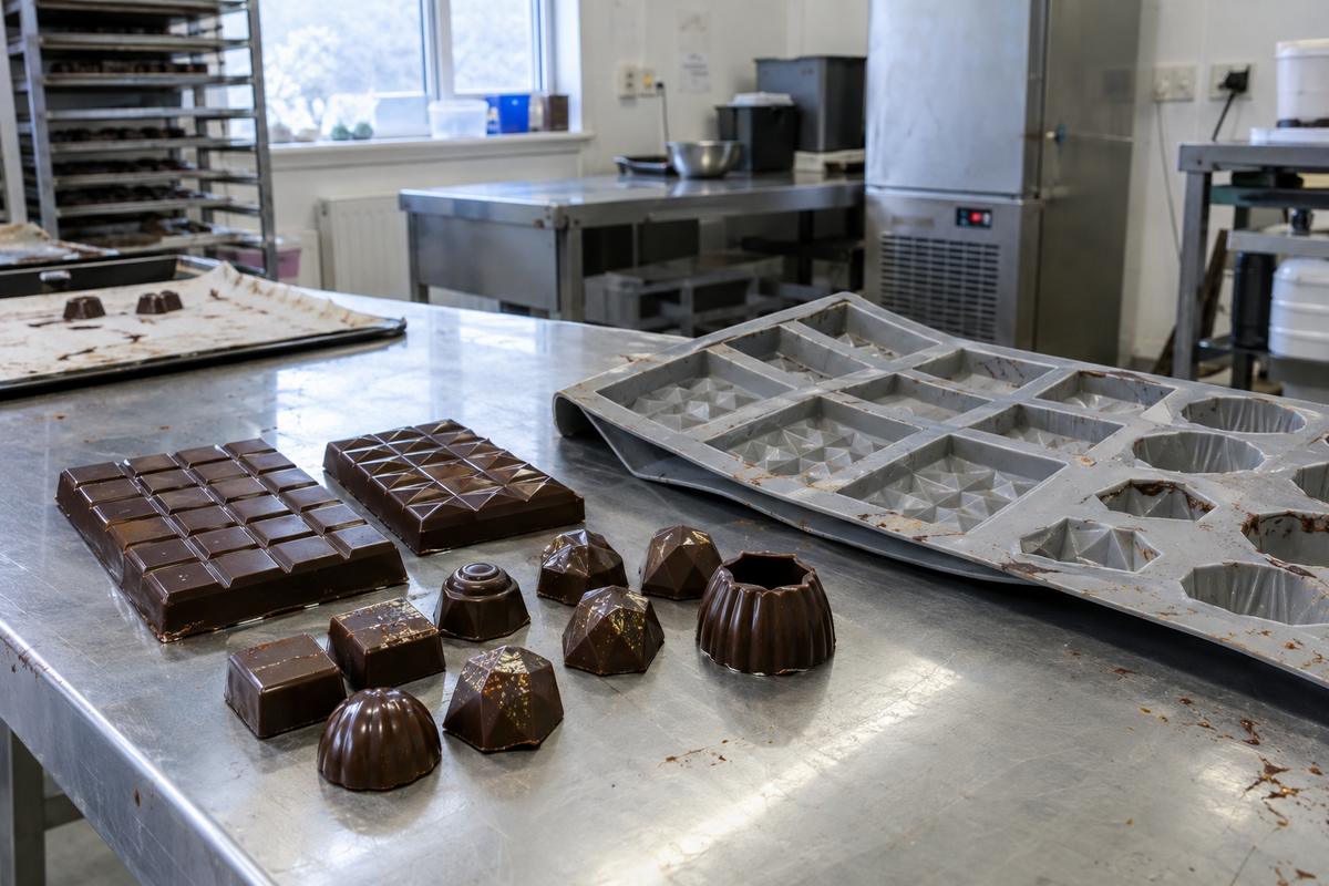 Chocolate pieces released from a grey silicone mould on a bench