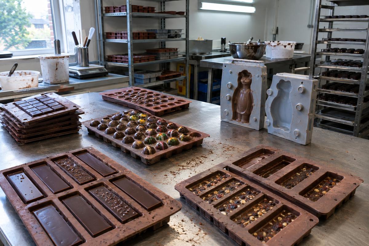 Range of chocolate silicone moulds including bars, bonbons and hollow figures