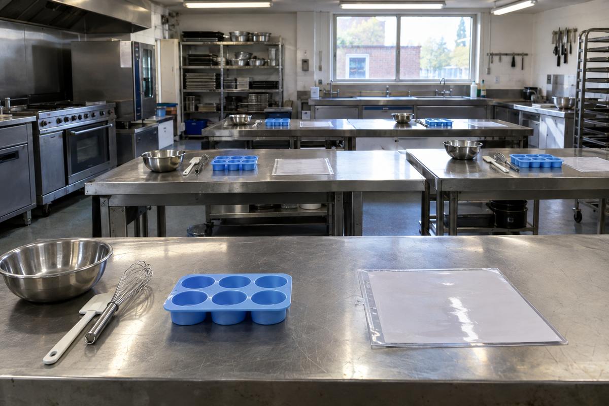 Identical silicone teaching moulds set out in a training kitchen
