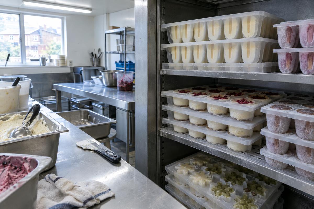 Silicone gelato mould trays sized for a compact hardening cabinet shelf