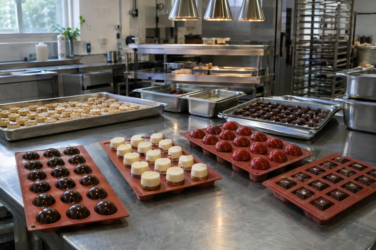 Matched silicone dessert and chocolate moulds laid out for consistent service