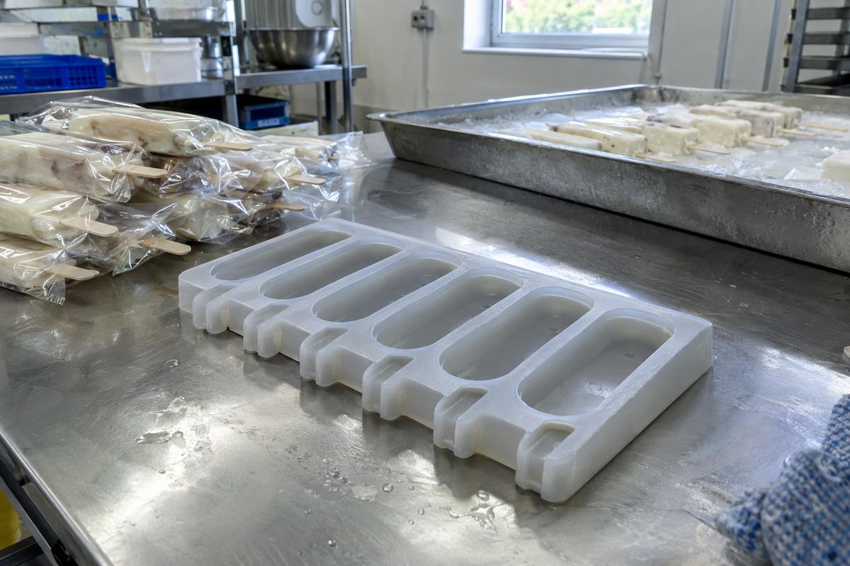 Silicone lolly mould tray showing cavity shape and stick channels