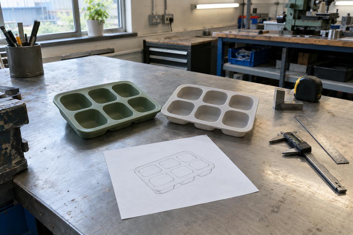 Finished product beside silicone sample tray and basic measuring tools