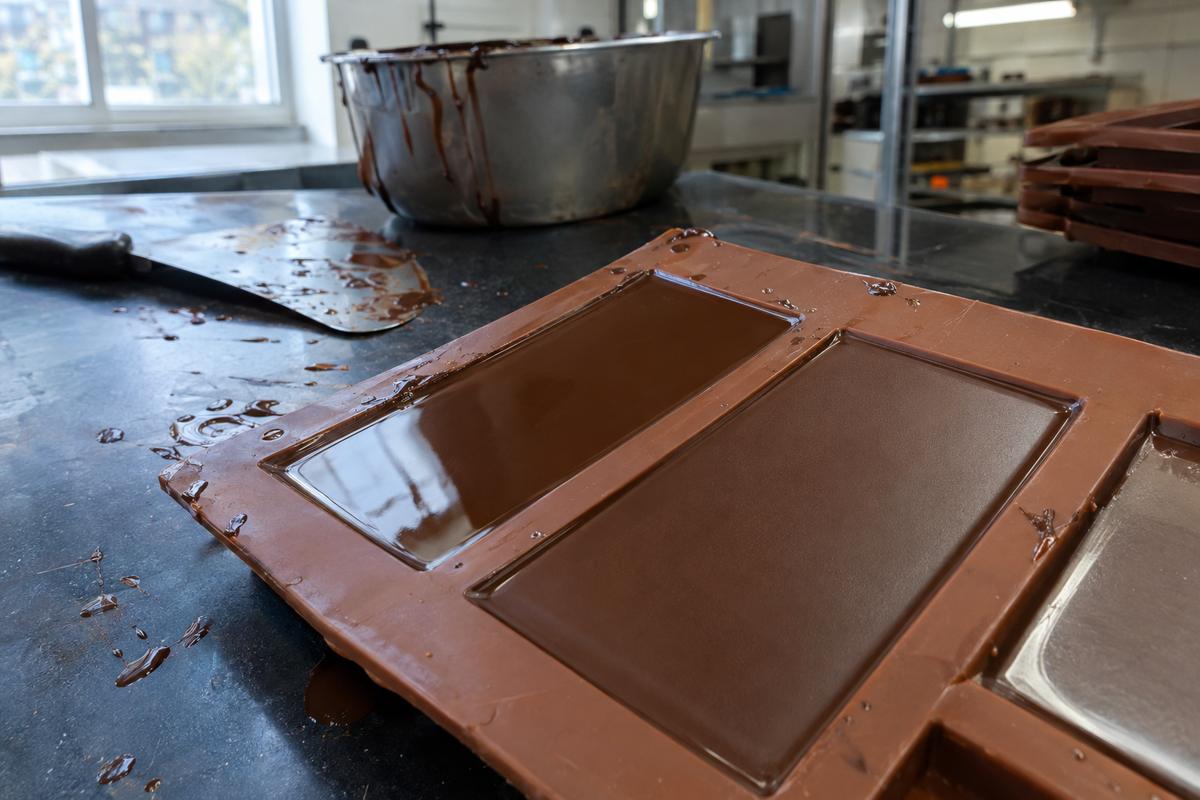 Chocolate resting in silicone cavities with different surface finishes