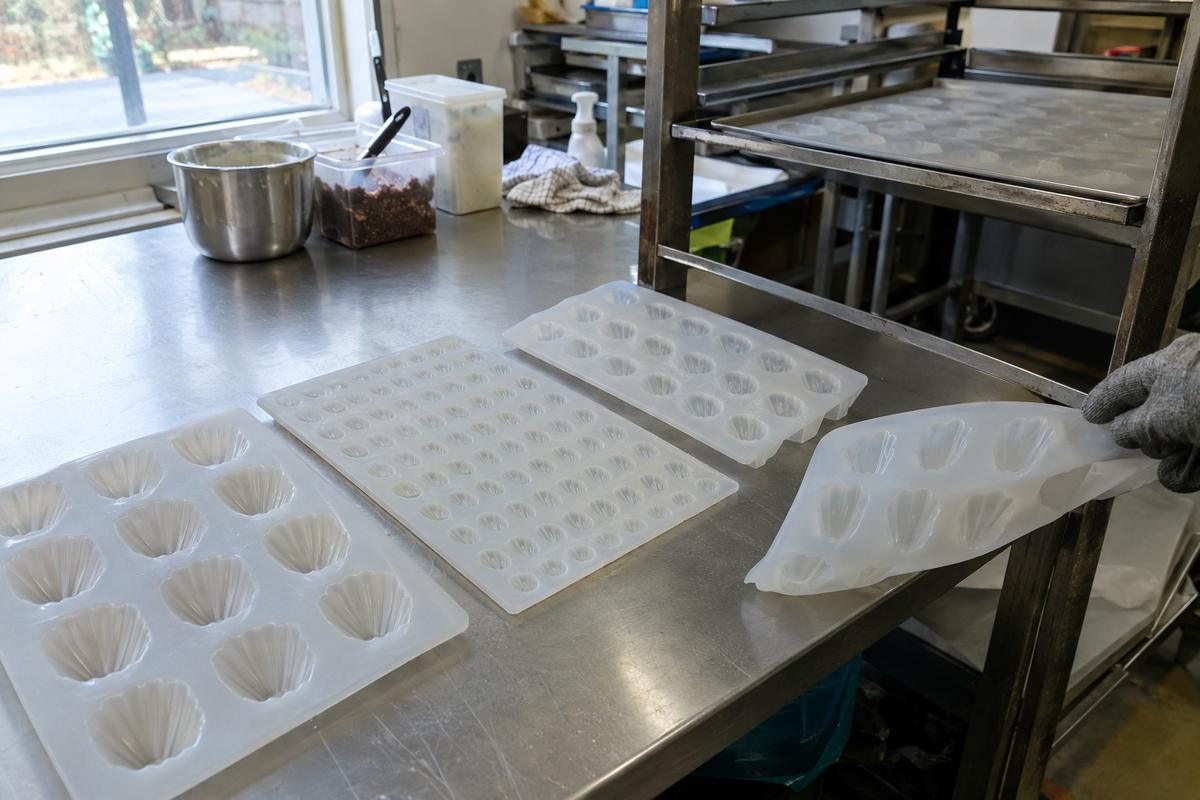 Silicone trays with different cavity counts beside a fitted shelf