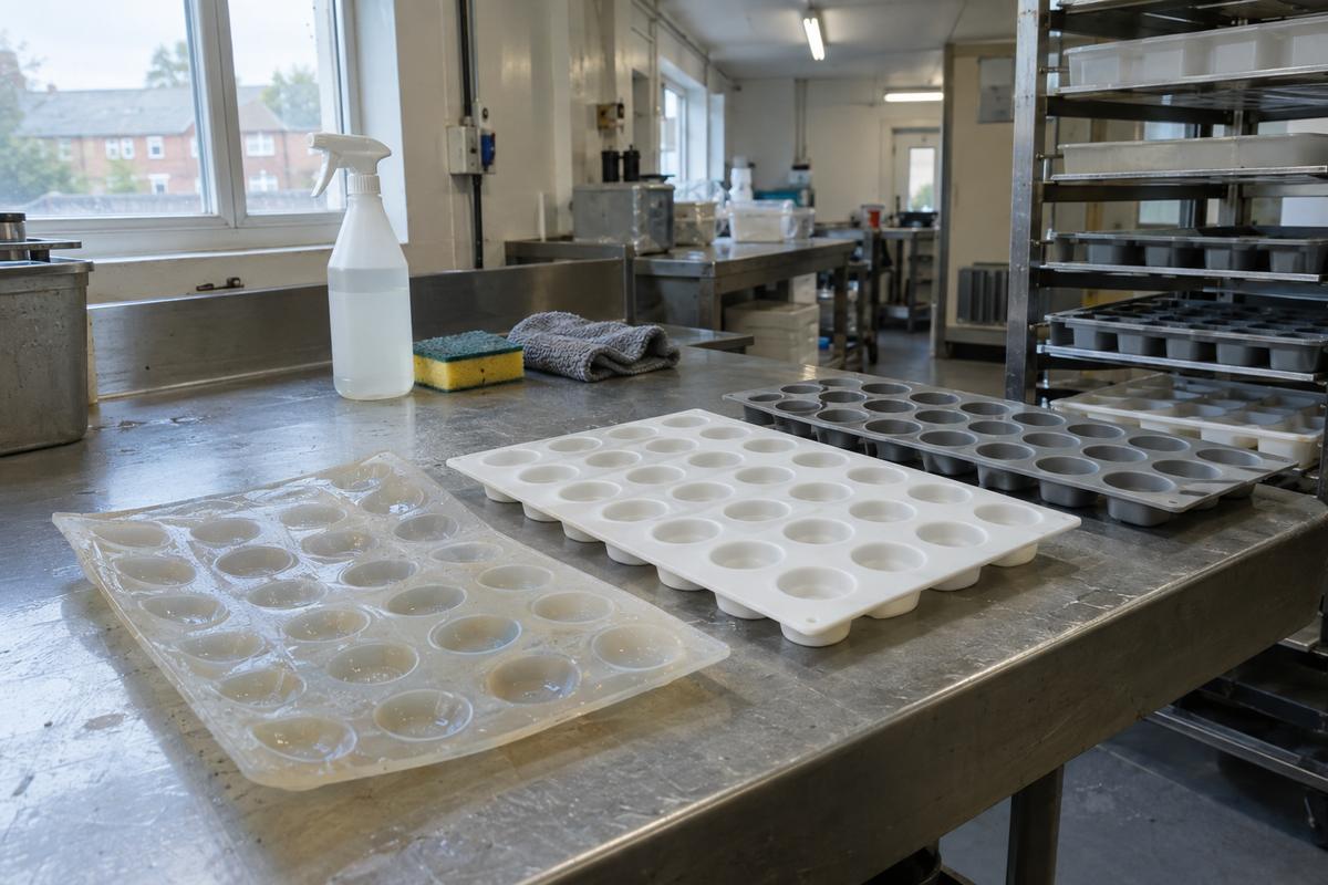 Cleaned silicone food mould trays on a bench beside soft cleaning tools