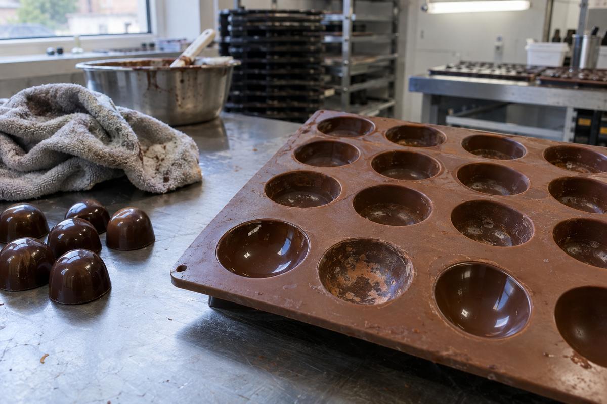 Silicone chocolate mould cavities showing smooth, patchy and cleaned finishes