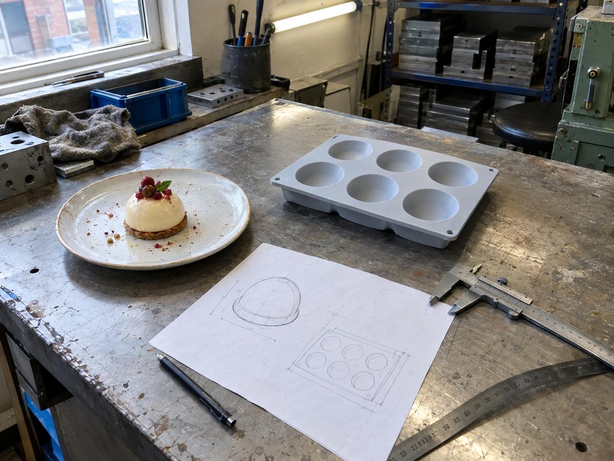 Dessert sample, sketch and prototype silicone tray on a workshop table