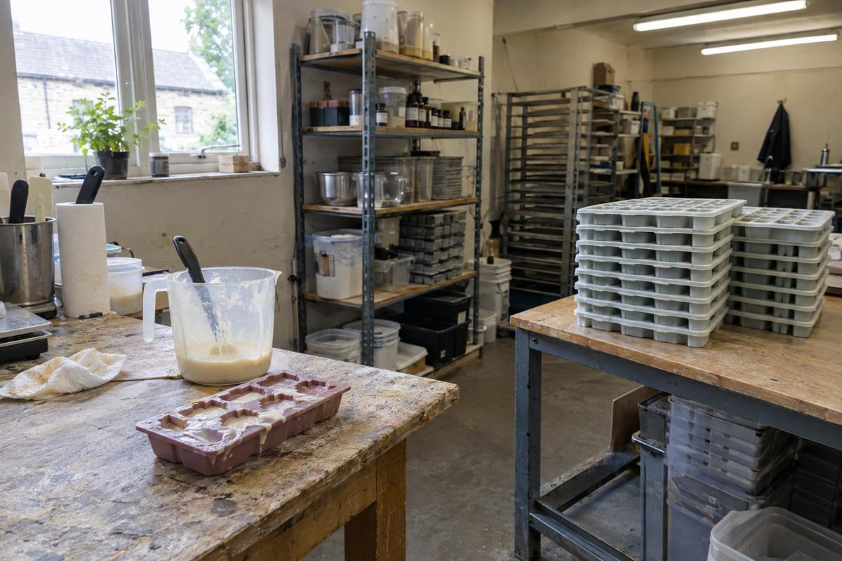 Single hand-poured mould beside a stack of production silicone trays