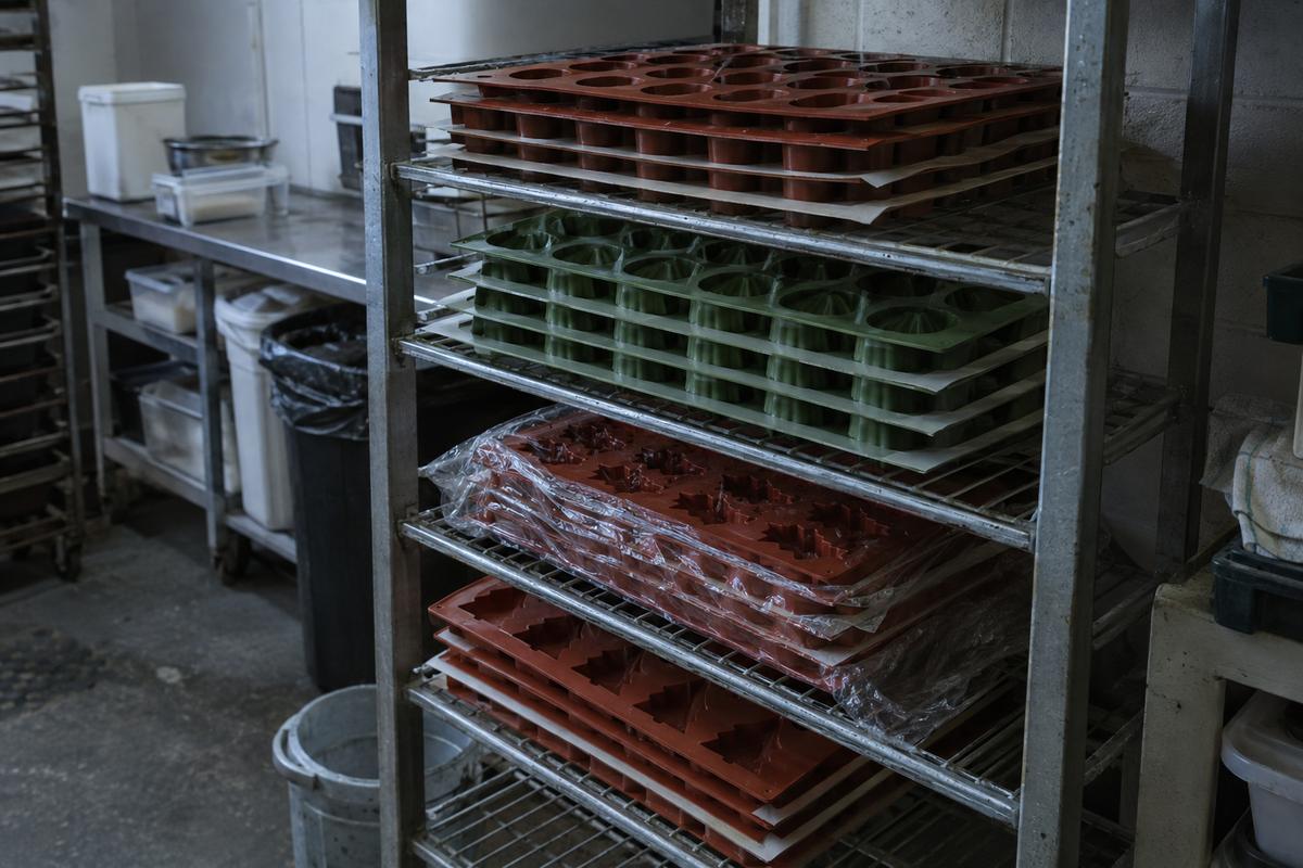 Clean silicone mould trays stored flat on a cool rack shelf