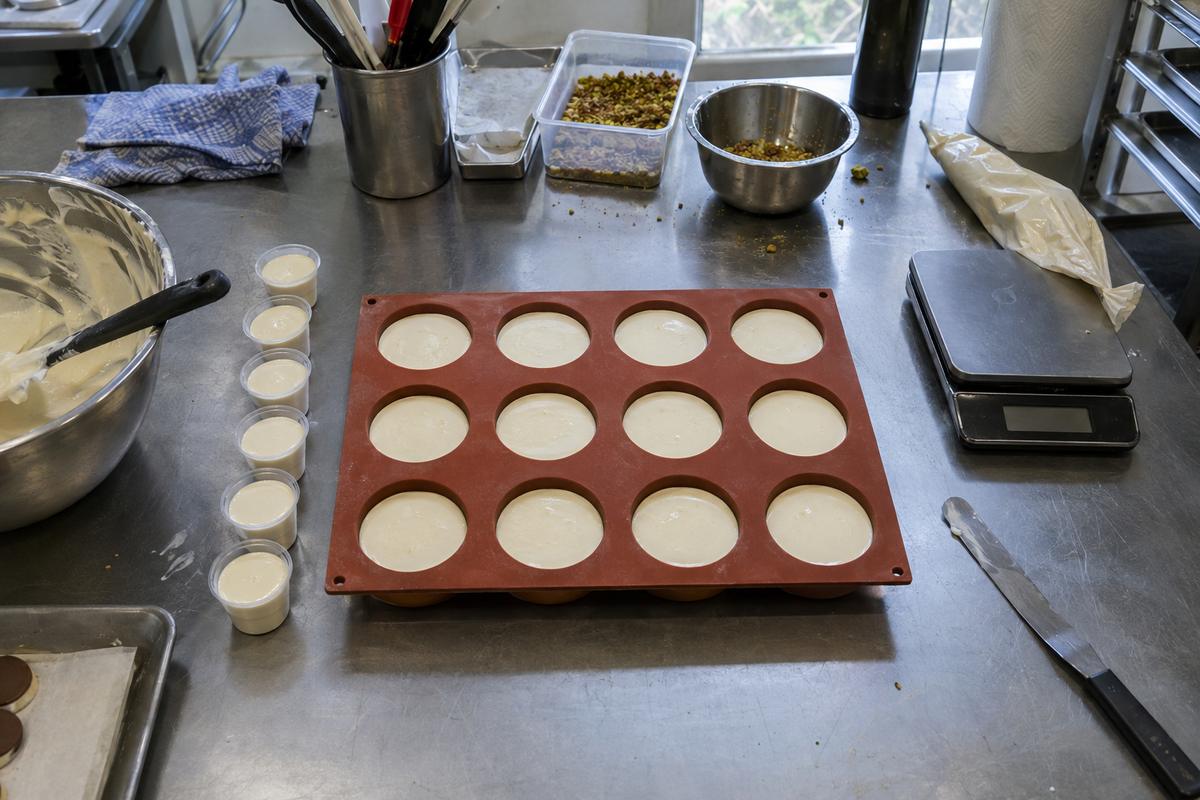 Silicone entremet tray with evenly filled cavities for portion checking