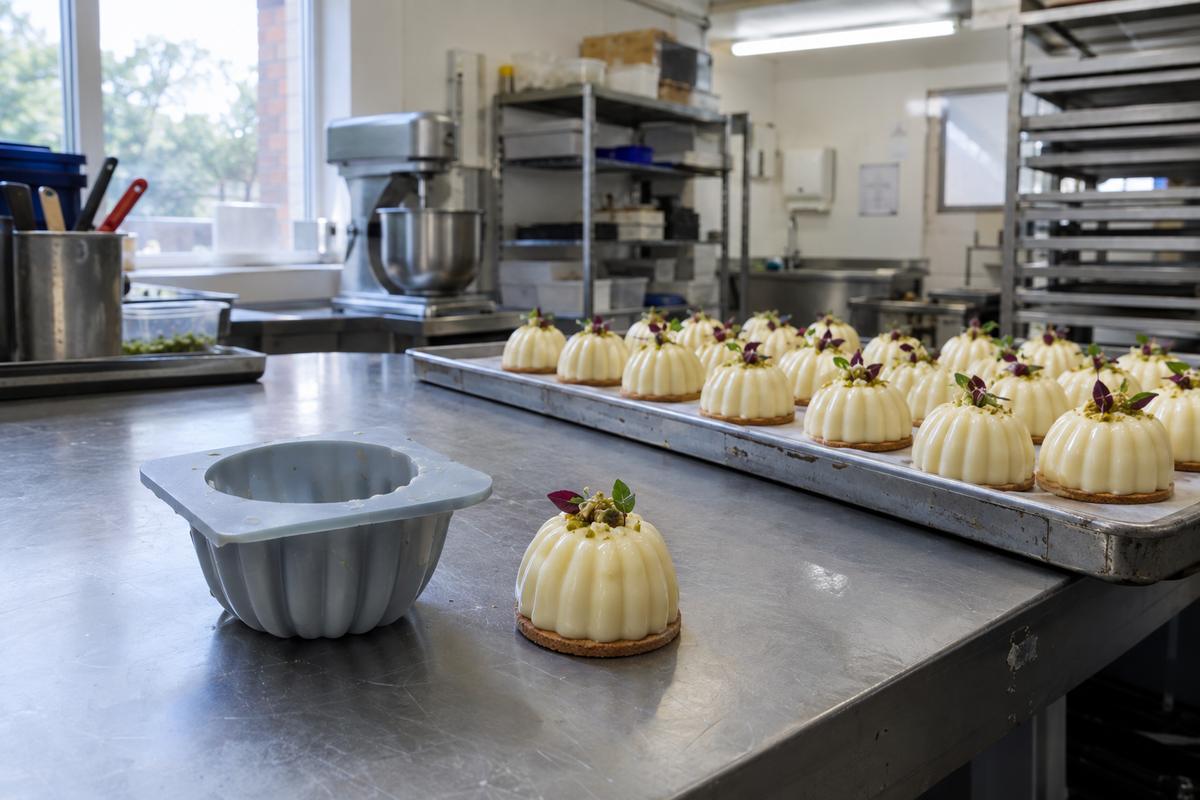 Single prototype cavity beside a larger tray with the same dessert shape