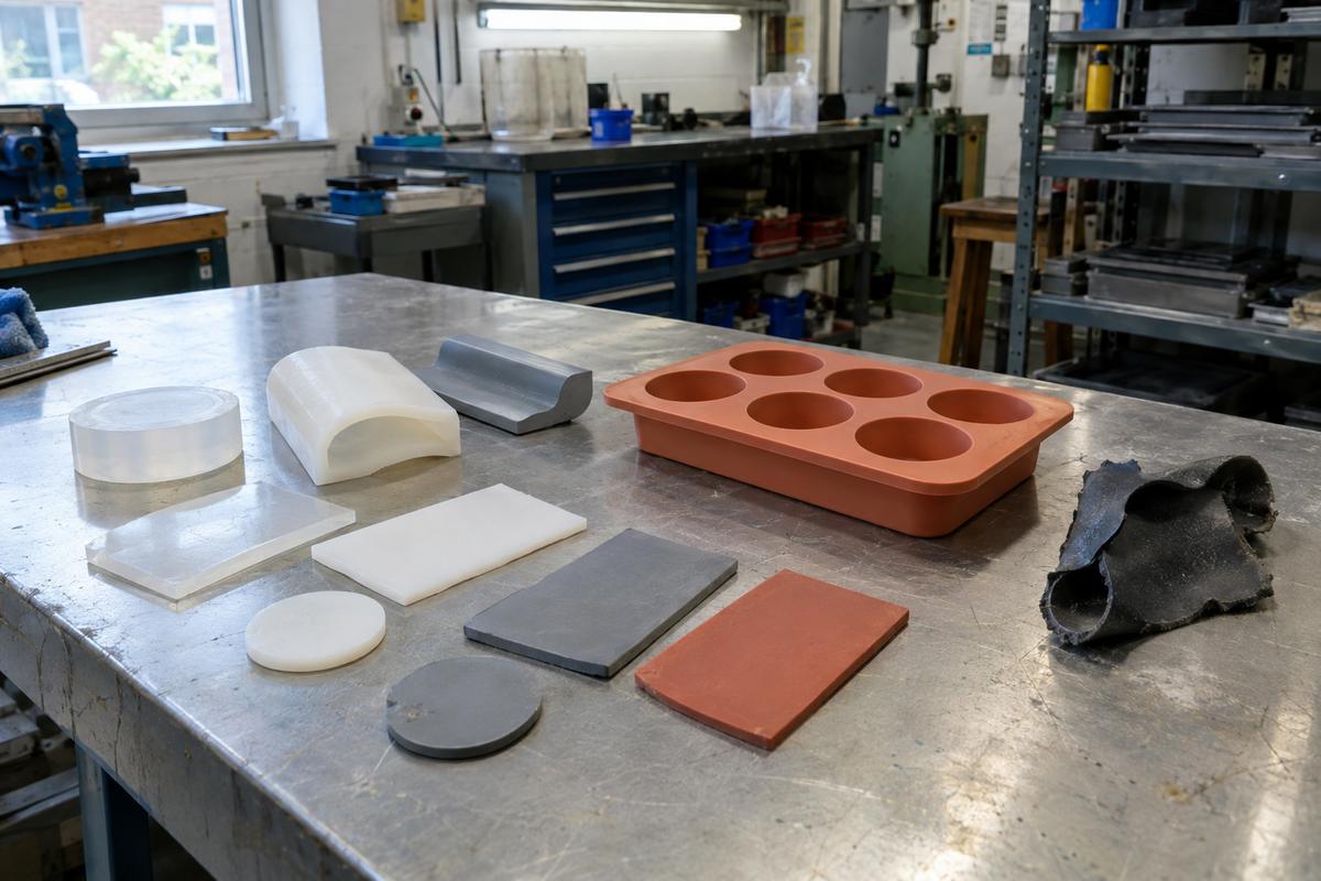 Food-grade silicone samples and mould pieces on a workshop bench
