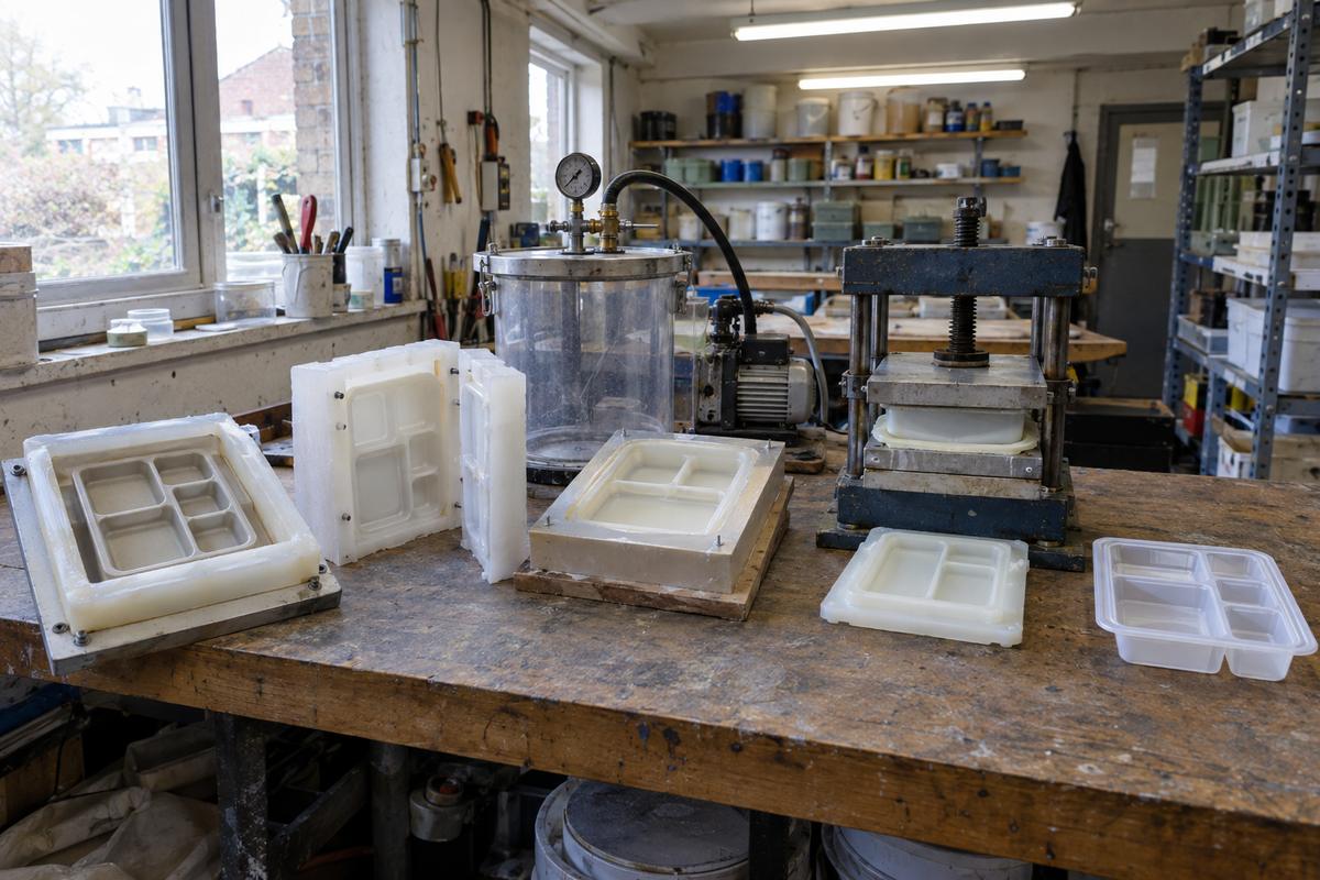 Five silicone moulding routes displayed on a workshop bench