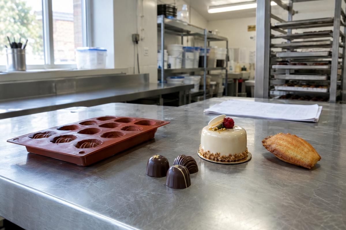 Silicone mould with example foods on a worn prep table