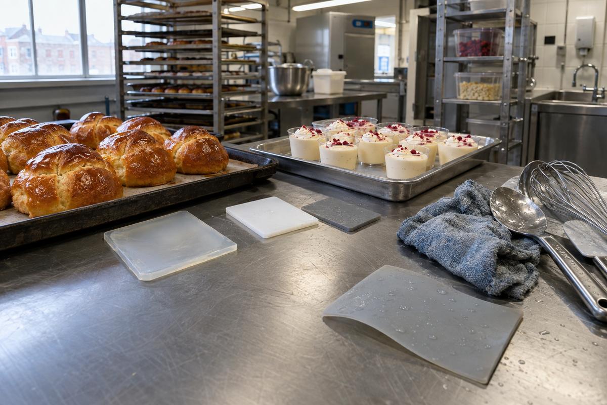 Different food-grade silicone trays shown with bakery and dessert use