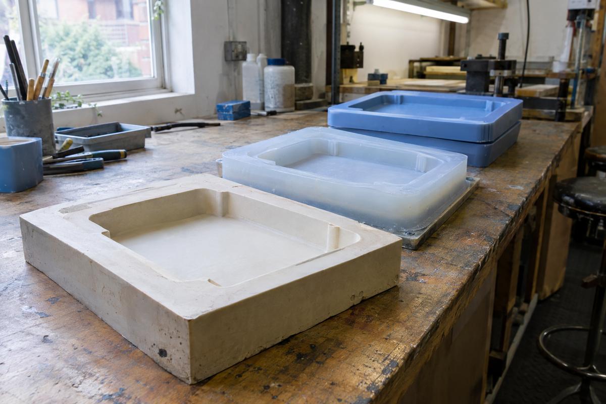 Master pattern, trial cavity and finished silicone trays in sequence