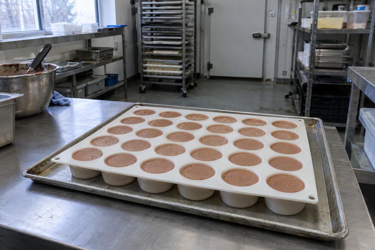 White silicone mousse tray holding even portions on a sheet pan