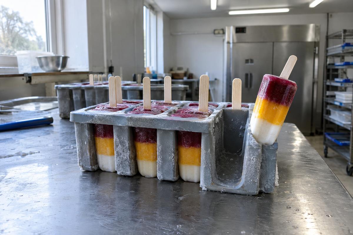 Layered lolly mould with centred sticks in a frozen dessert room
