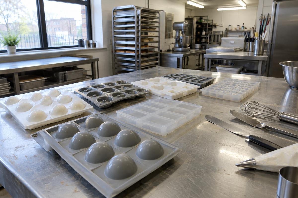 Teaching set of silicone pastry moulds arranged by dessert form