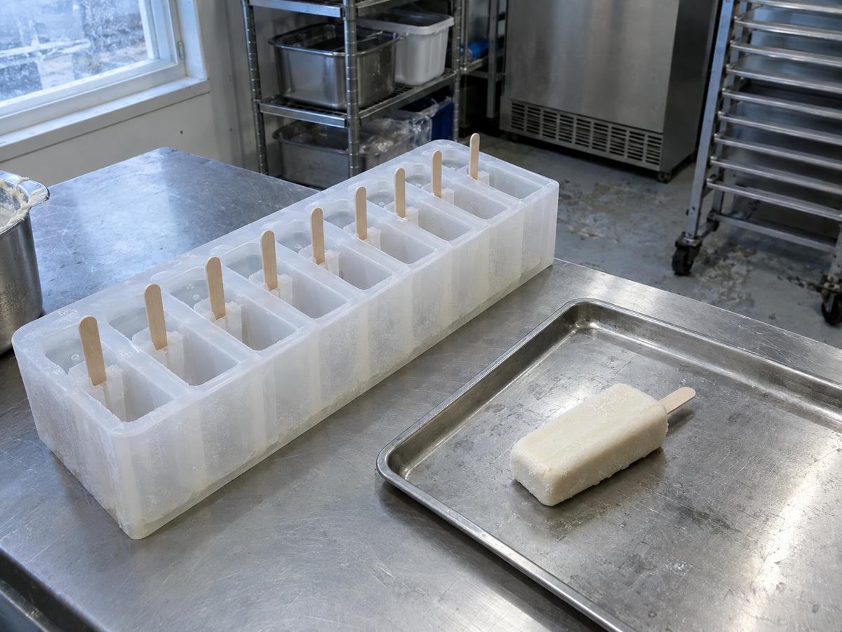 Silicone stick-bar gelato tray with centred wooden sticks in cavities