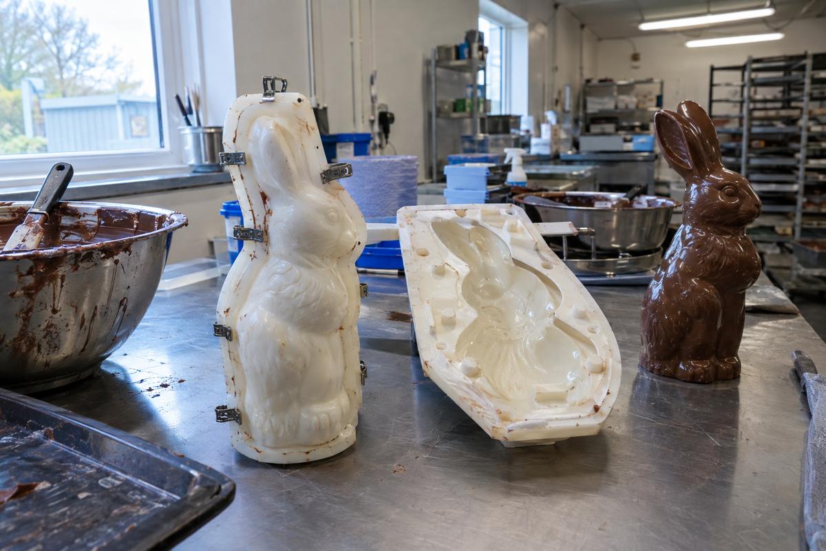 Two-part silicone bunny mould with aligned halves beside finished hollow figure