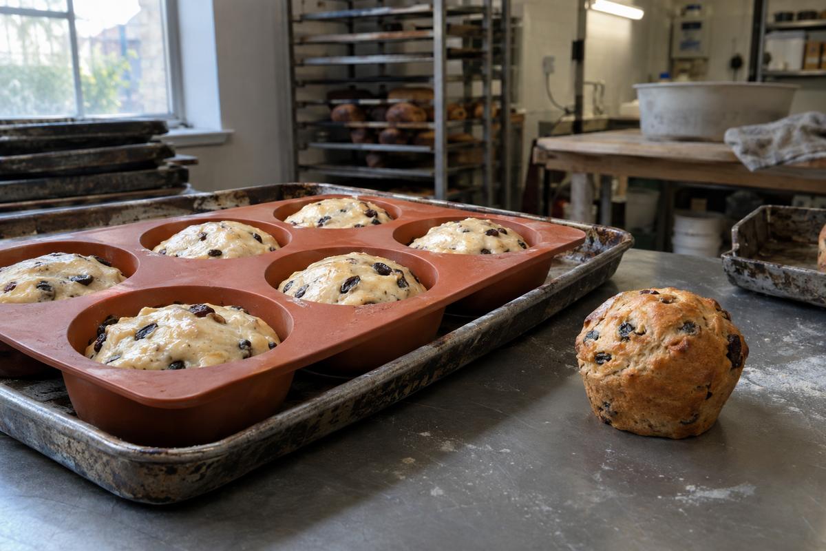 Tea-cake silicone mould holding dough and raisins evenly in rounded cavities