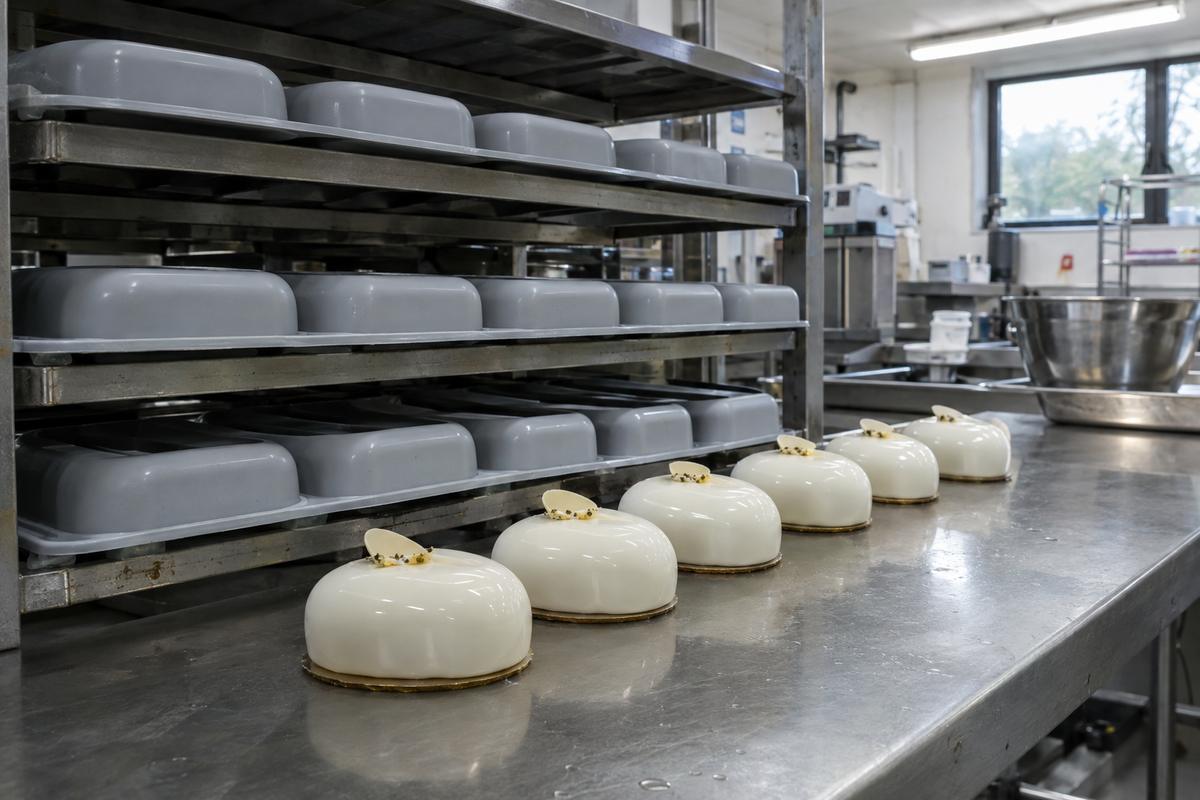 Matching silicone entremet trays and identical mousse desserts in patisserie kitchen