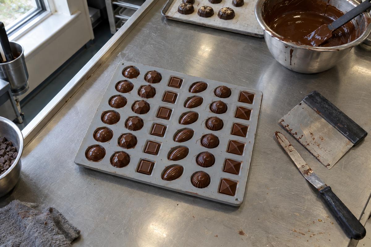 Single silicone praline tray combining six cavity shapes for one batch