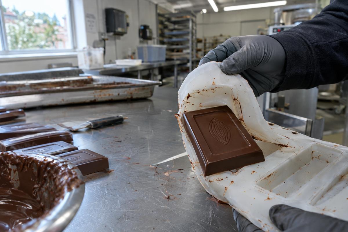 Gloved hand peeling back silicone mould to release chamfered chocolate bar
