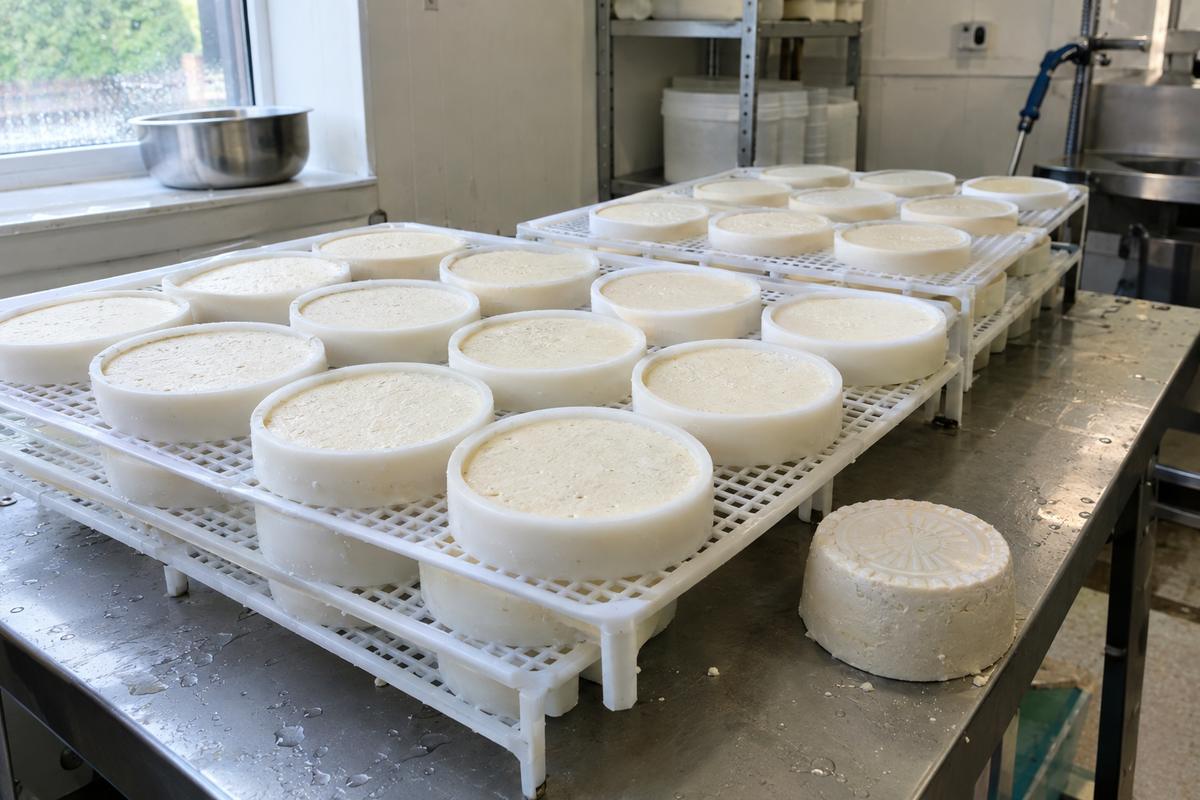 Silicone wheel moulds filled with vegan cheese mixture on draining racks