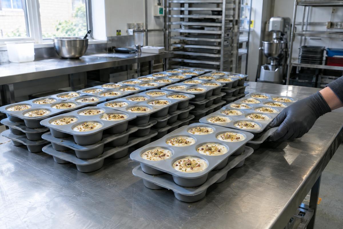 Matching silicone dessert trays with uniform individual portions on prep table