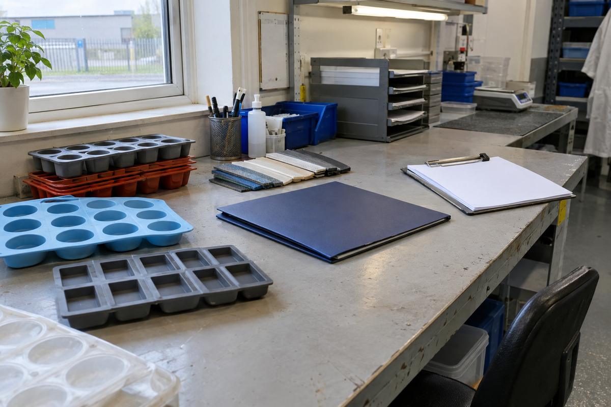 Audit-ready silicone moulds beside paperwork and material samples on a QA bench