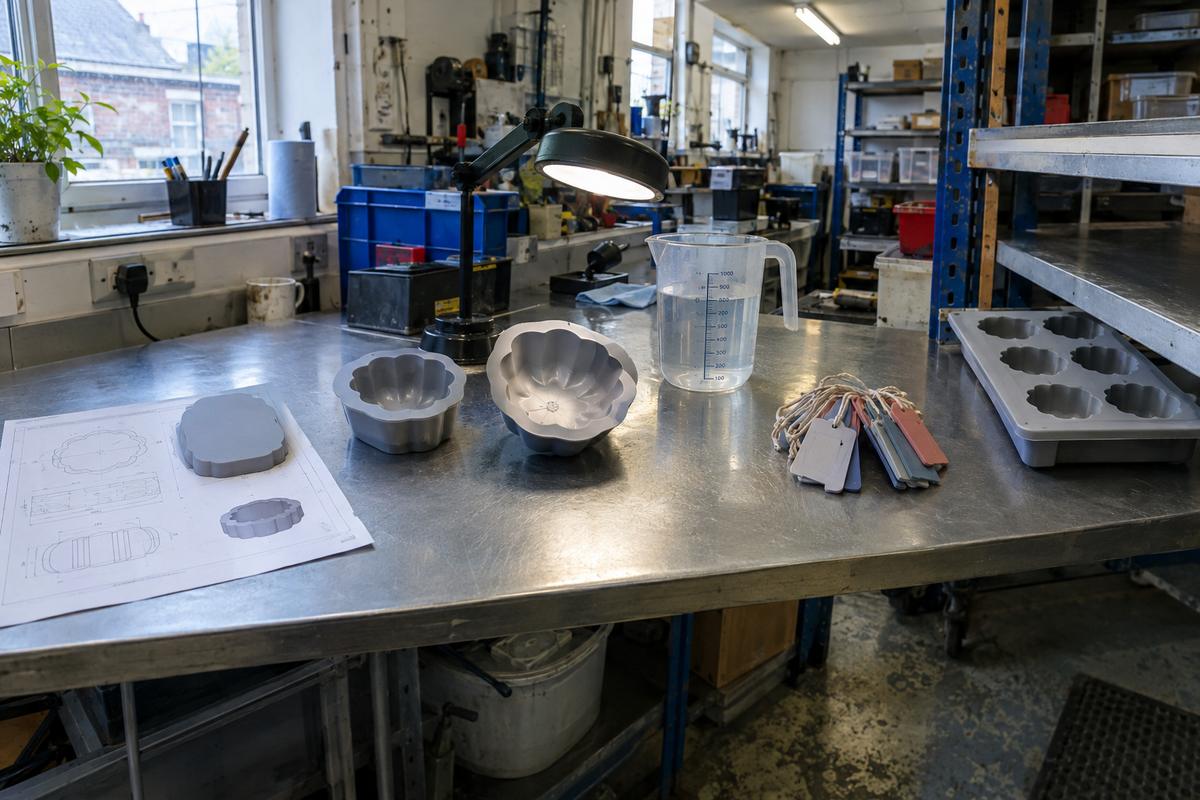 Six-stage inspection setup for food-grade silicone moulds on a workshop bench