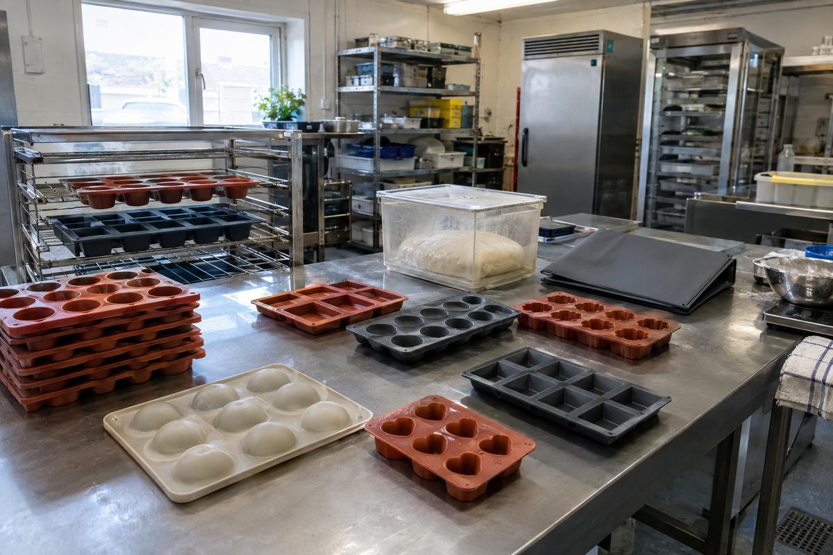 Silicone trays, proof cavity and sizing checks arranged on a kitchen bench