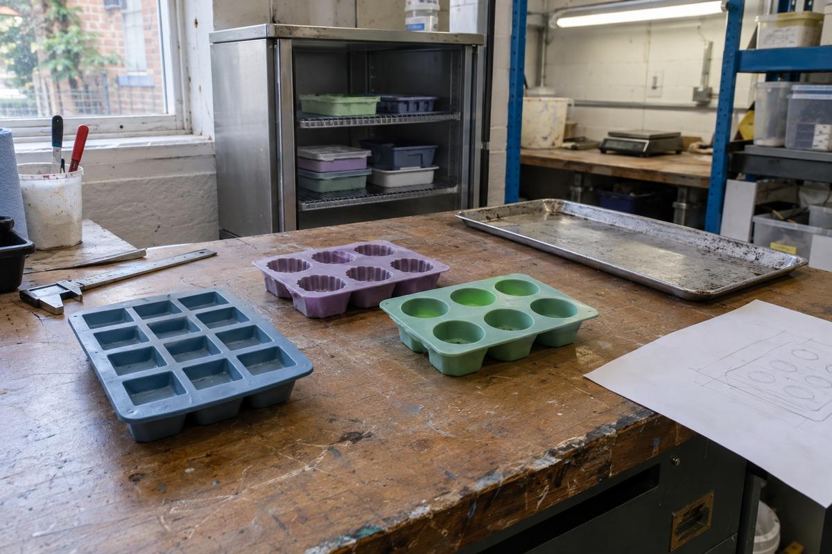 Small hand-poured silicone trays for artisan food production on a workshop bench