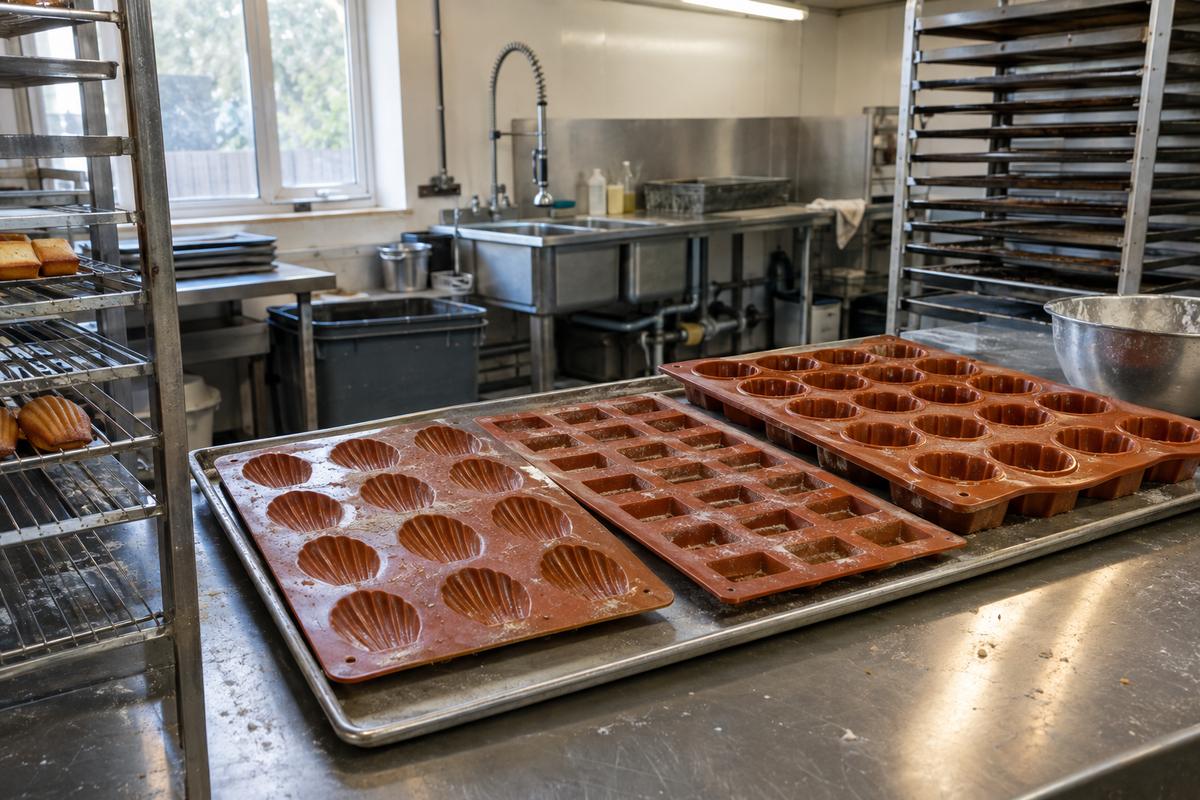 Used silicone bakery trays for madeleines, financiers and brioche in a prep area