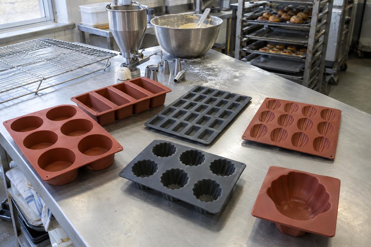 Range of silicone bakery mould formats laid out on a stainless table