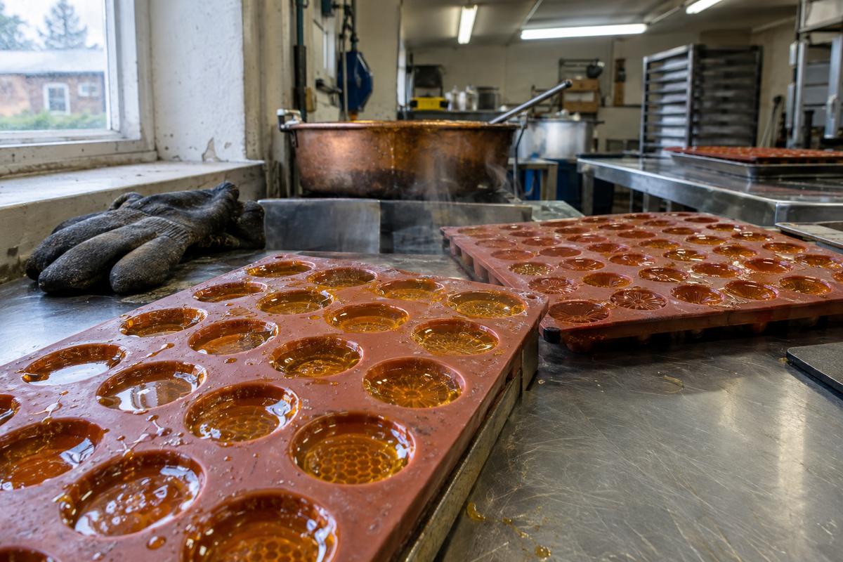 High-temperature silicone mould with hot boiled sweets cooling in shaped cavities