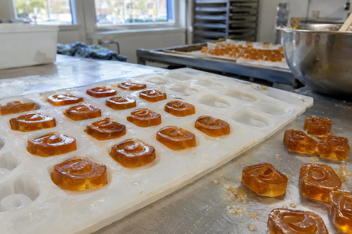 Amber boiled sweets with recessed detail from a silicone cavity mould