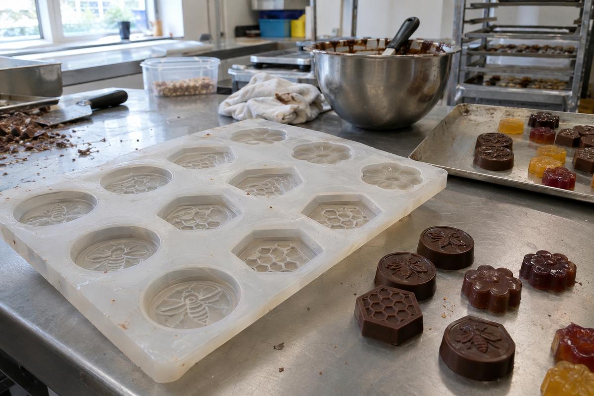 Silicone mould cavities and finished sweets showing raised branded detail