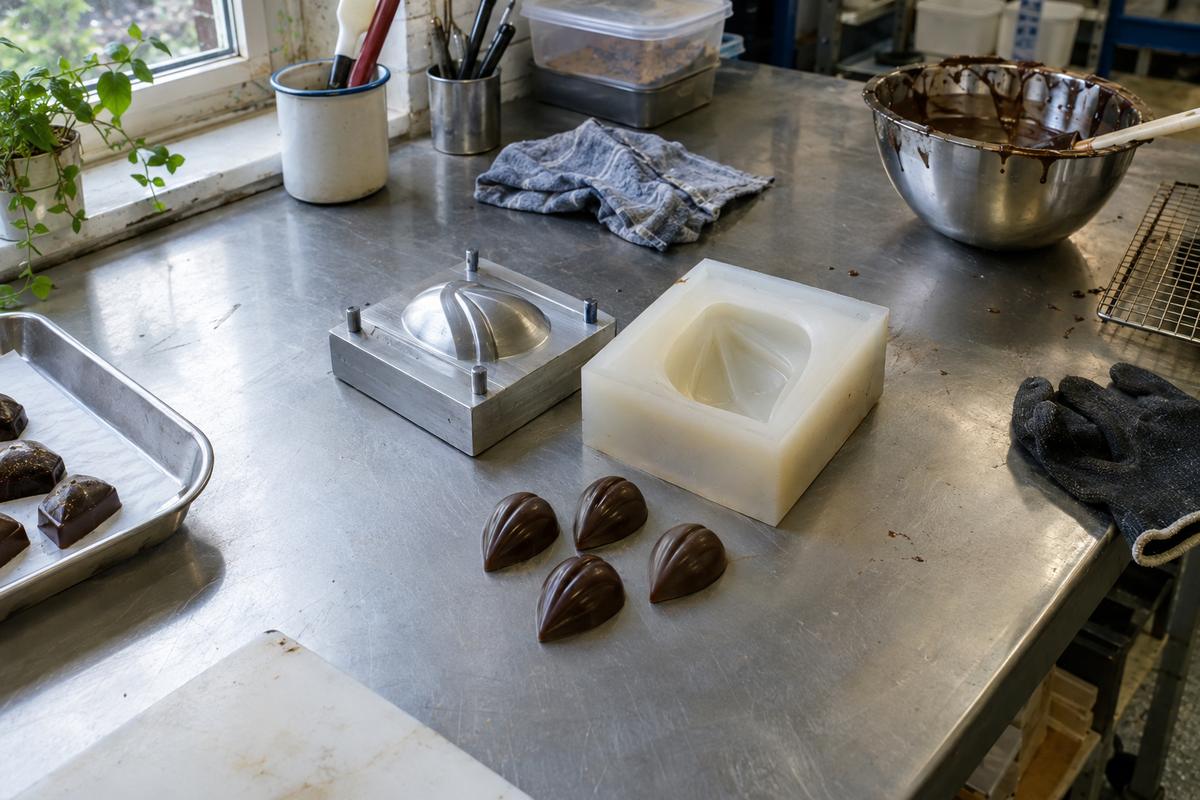 Single proof silicone cavity beside master pattern and test chocolates