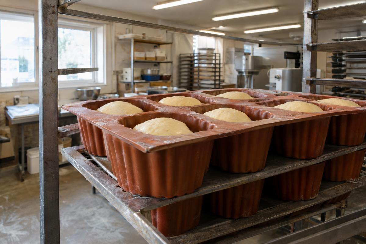 Fluted silicone brioche tray holding proved dough on bakery rack