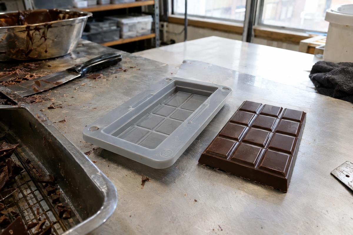 Custom silicone chocolate bar mould with finished bar beside it